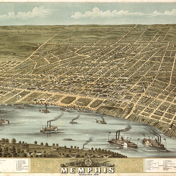 Memphis, Shelby County, Tennessee TN in 1870. Restoration Hardware Home Deco Style Old Wall Vintage Reprint.