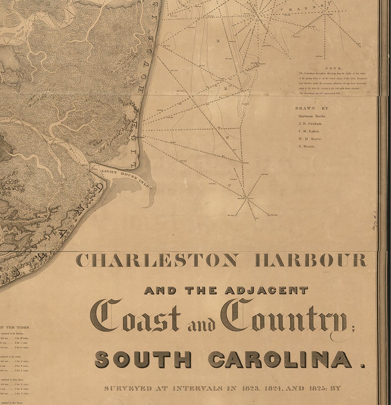 Coast Survey of Charleston Harbor, South Carolina SC 1823, 1824, 1825. Vintage restoration hardware home Deco wall reproduction map print. image 5