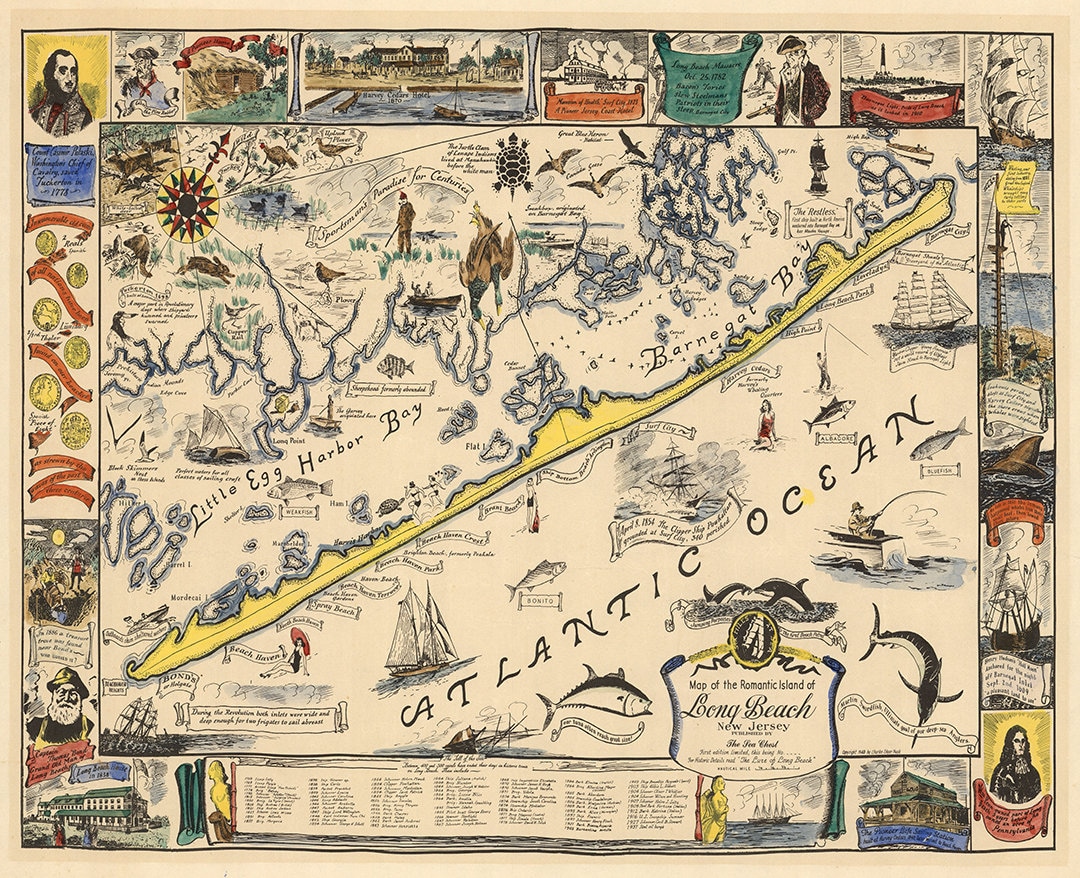 Map of the Romantic Island of Long Beach, New Jersey. Vintage Home Deco ...