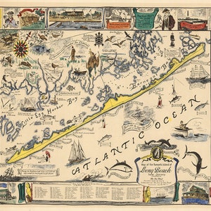 Mapa de la romántica isla de Long Beach, Nueva Jersey. Impresión de mapa de reproducción de pared antigua estilo Deco de casa vintage.