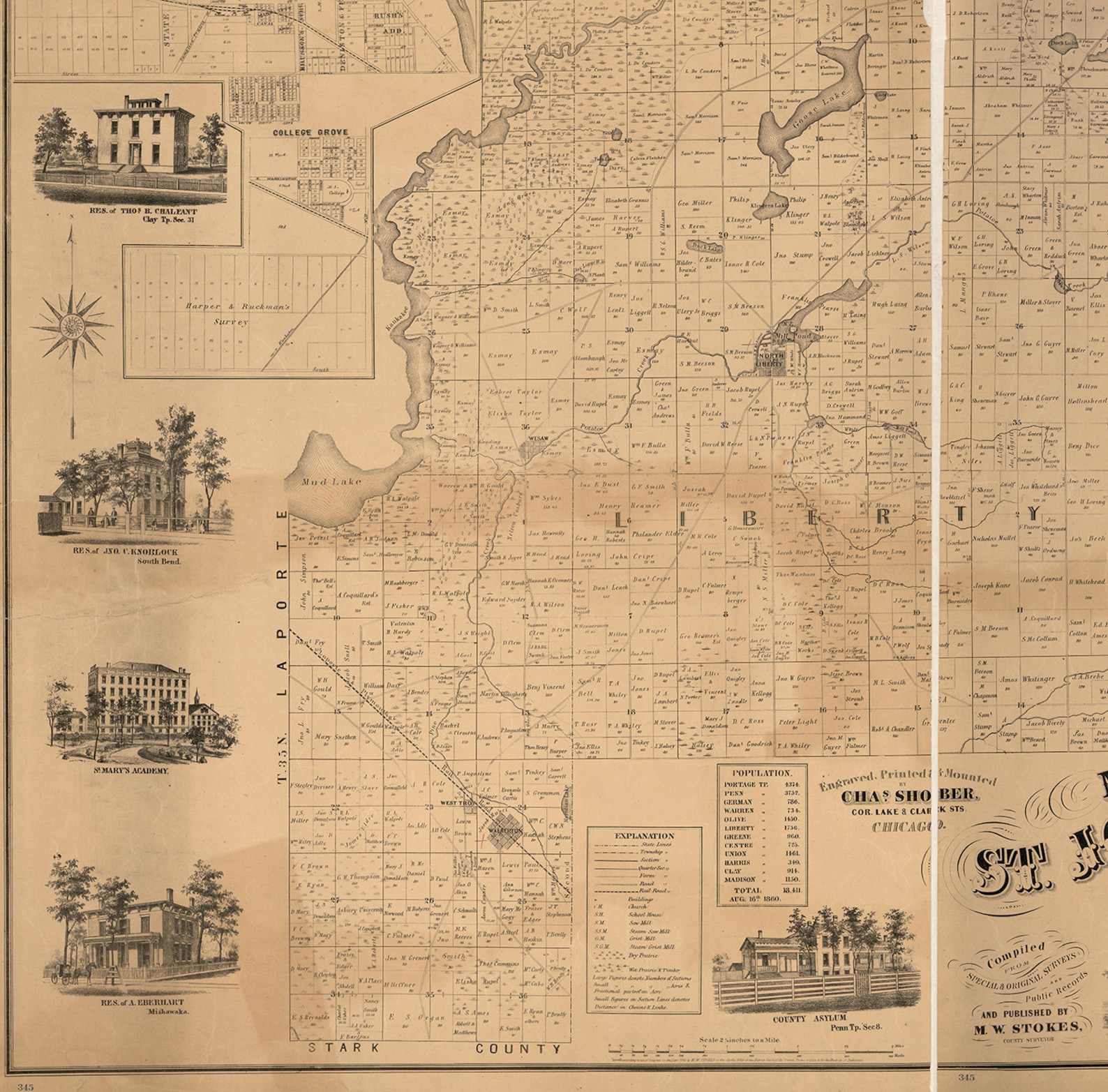 Map of St. Joseph County Indiana. 1863. Vintage Restoration Etsy
