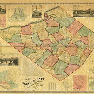 Carte du comté de Berks, Pennsylvanie, Pennsylvanie, 1860. Reproduction d'une vue topographique vintage, impression de carte
