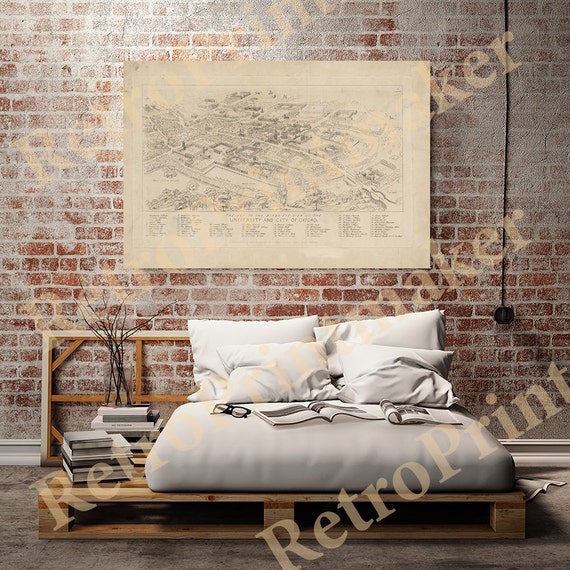 University and city of Oxford, England Map, 1850, also Carfax Tower.  Vintage restoration hardware Deco Style wall reproduction map print.