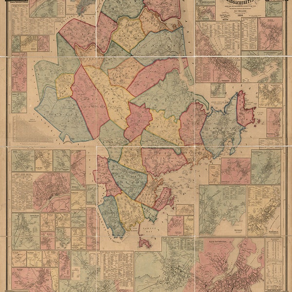 Map of Essex County, Massachusetts, MA. 1856. Vintage restoration hardware home Deco Style old wall reproduction topographical map print.