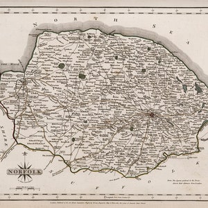 Map of Norfolk, England UK 1787.  Vintage Home Deco Style Old Wall Map Reproduction