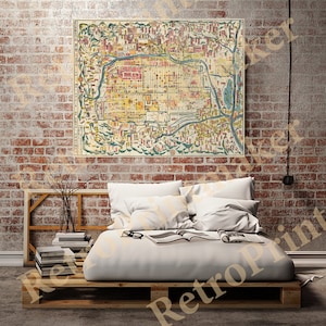 Mapa de Kioto, 1863. Impresión de reproducción de mapa de pared antiguo de estilo Deco para el hogar, restaurado con hardware de época.