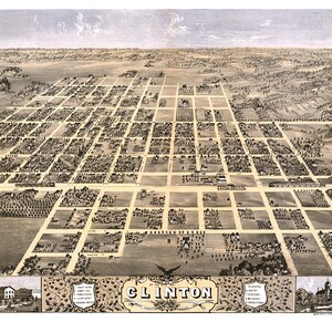 Clinton, condado de DeWitt, Illinois 1869. Impresión de reproducción de mapa de pared antiguo de estilo Deco de casa de hardware de restauración vintage.