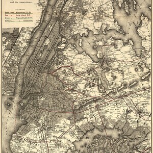 Mappa di New York City, Brooklyn e dintorni, che mostra le linee suburbane della Long Island Railroad e i collegamenti. Riproduzione di mappa d'epoca