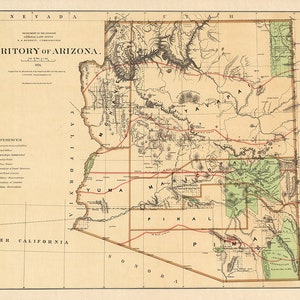Carte de l'Arizona, 1876. Reproduction d'une carte murale ancienne de style déco pour la maison avec quincaillerie de restauration vintage.