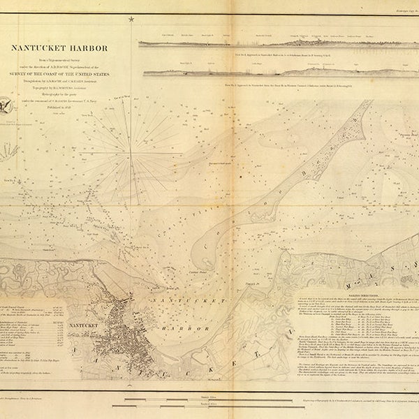 Nautical charts of Nantucket Harbor 1848.    Restoration Hardware Home Deco Style Old Wall Vintage Reprint.