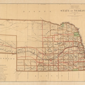 Map of State of Nebraska 1876.   Vintage home Deco Style old wall reproduction map print.