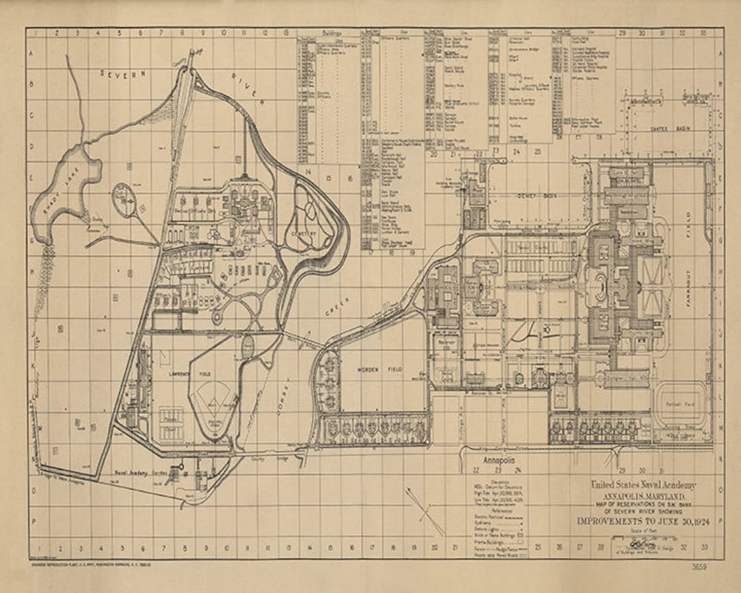 Map of US Naval Academy Annapolis, Maryland, 1924. Vintage Restoration Hardware Home Deco Style
