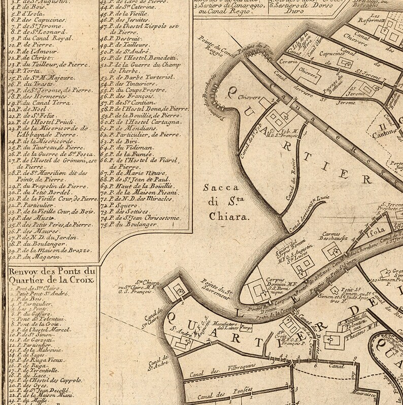 May include: A detailed vintage map of the city of Chiavari, Italy, with a focus on the Sacca di Sta Chiara area. The map features a network of canals, streets, and buildings, with labels in Italian. The map is printed on aged paper with a brown tint.