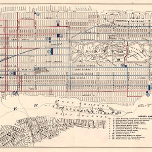 Mapa del sistema de ferrocarril urbano metropolitano y líneas operadas en Manhattan, Nueva York, 1899. Reproducción de hardware restaurado de época.