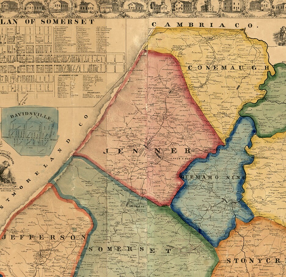 Mapa del condado de Somerset Pensilvania PA 1860. Vintage Etsy España