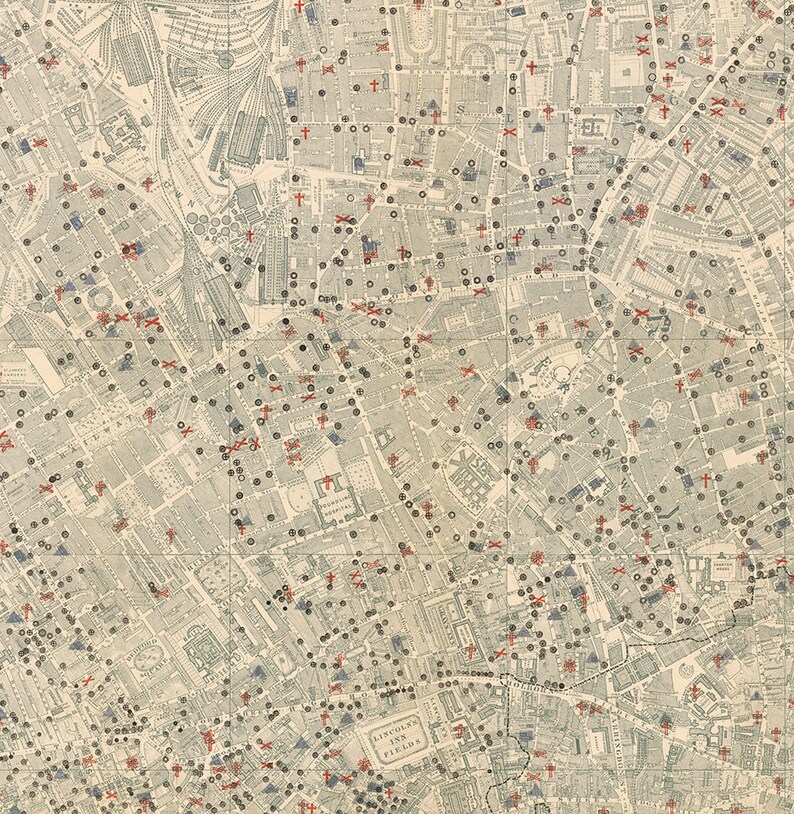 May include: A detailed map of London, England, with red crosses marking locations throughout the city. The map is printed on a cream-colored paper and includes street names and other details.