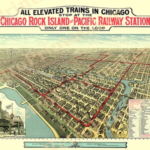 Chicago, tous les trains surélevés, s'arrêtent à la gare de Chicago Rock Island and Pacific, un seul sur la boucle.  Carte de reproduction.