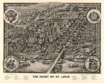 Map of Saint Louis, Missouri.  1907. Vintage restoration hardware home Deco Style old wall reproduction map print.
