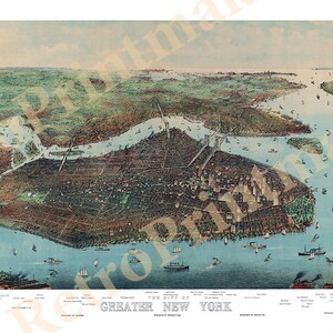 New York, Battery Park, Bronx, Queens, Manhattan, Brooklyn, Richmond e Hudson River 1905 NY0009 Stampa di poster di riproduzione d'epoca Mappa