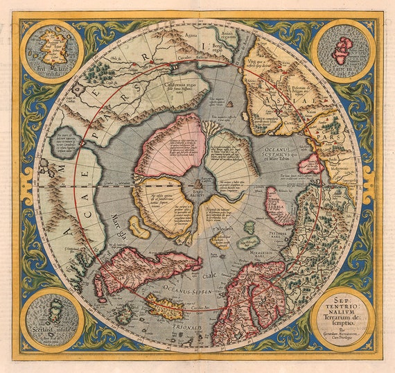 Map of 1595 Flat Earth Reproduction Map - Mercator North Pole Map