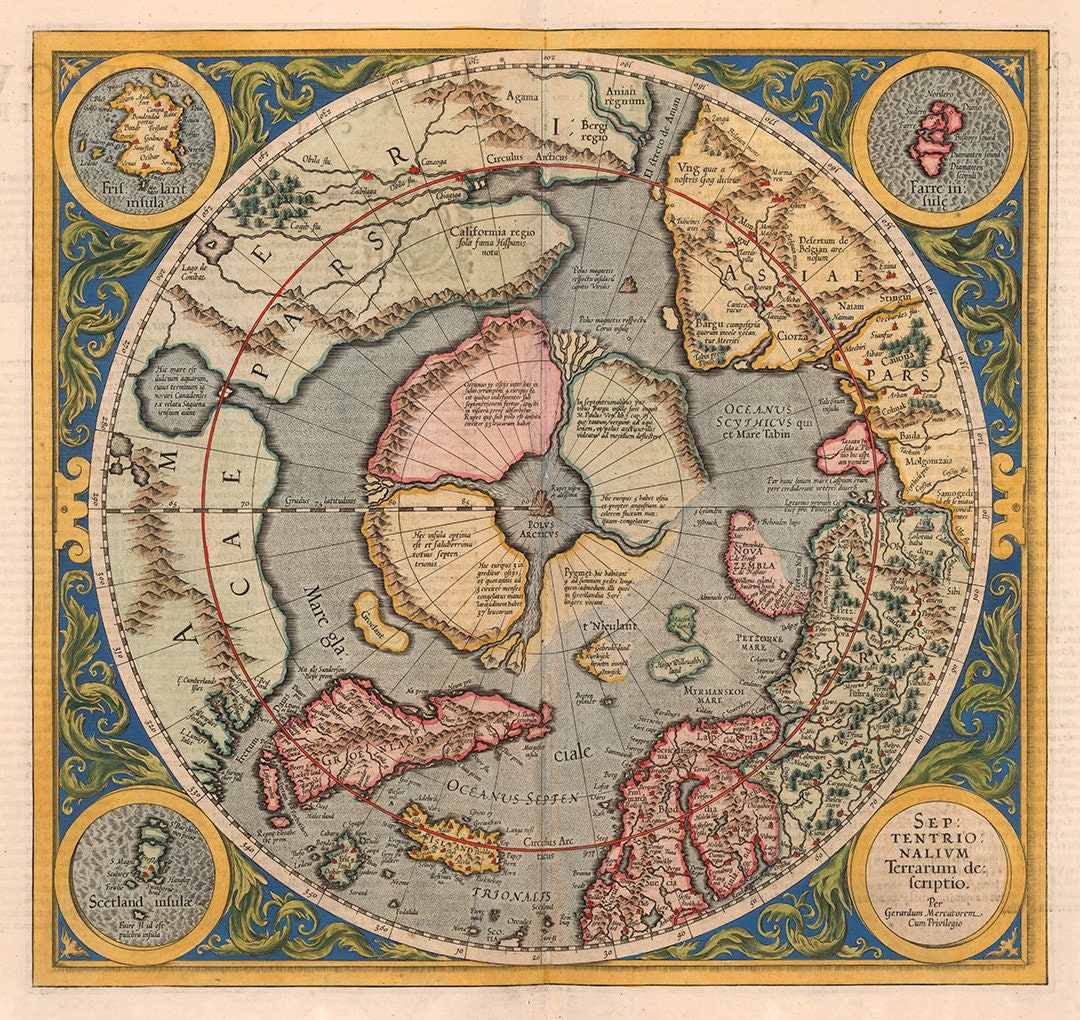 Map of 1595 Flat Earth Map - Septentrionalium Terrarum North Pole ...