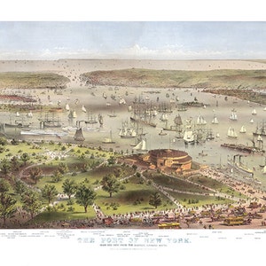 Il porto di Manhattan New York: vista a volo d'uccello da Battery Park Place, guardando verso sud 1872. Riproduzione di mappa vintage in stile Home Deco