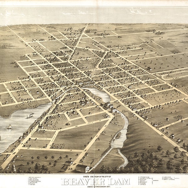 Map of Beaver Dam, Dodge Co., Wisconsin 1867, WI.  Vintage restoration hardware home Deco Style old wall reproduction map print.