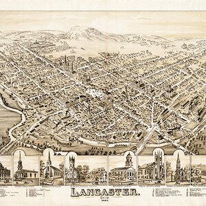 Karte von Lancaster, Fairfield, Ohio OH 1885. Vintage Restaurierung Hardware Zu Hause Deco Style alte Wand Reproduktion Karte drucken.