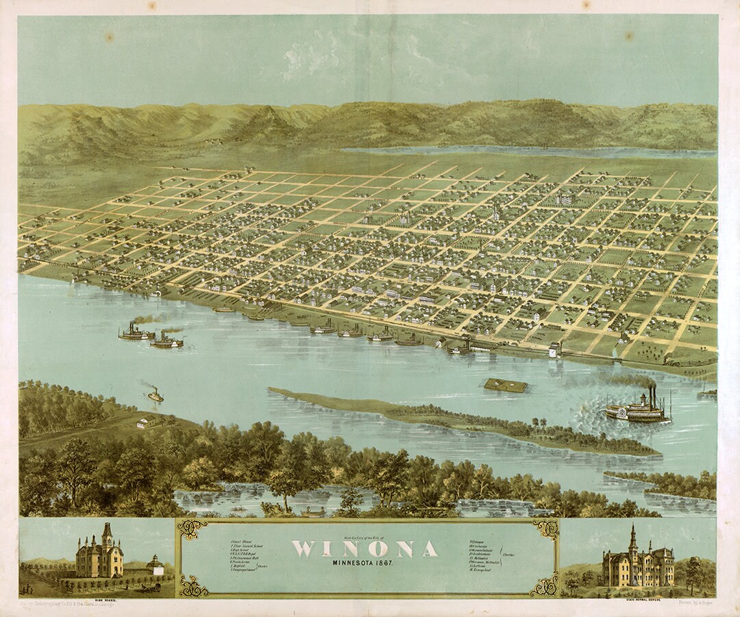 Winona Map Map of Winona, Minnesota MN C1867. Bird's Eye View. Vintage Home Décor ...