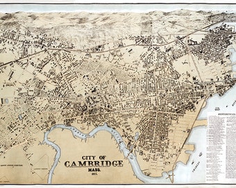 Cambridge, Massachusetts (MA.) 1850. Franklin View Co.  Vintage restoration hardware home Deco Style old wall reproduction map print.