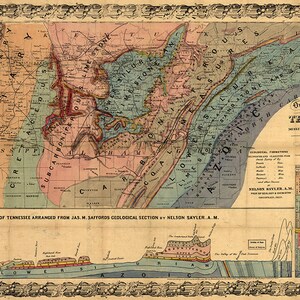 Geologische Karte von Tennessee, mit Teilen von Mississippi, Alabama und Georgia, 1866. Vintage Reprint Karte.