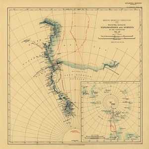 Mapa general que muestra las exploraciones y estudios de la expedición antártica británica. Royal Geographic Society, 1907-1909. Reimpresión antigua.
