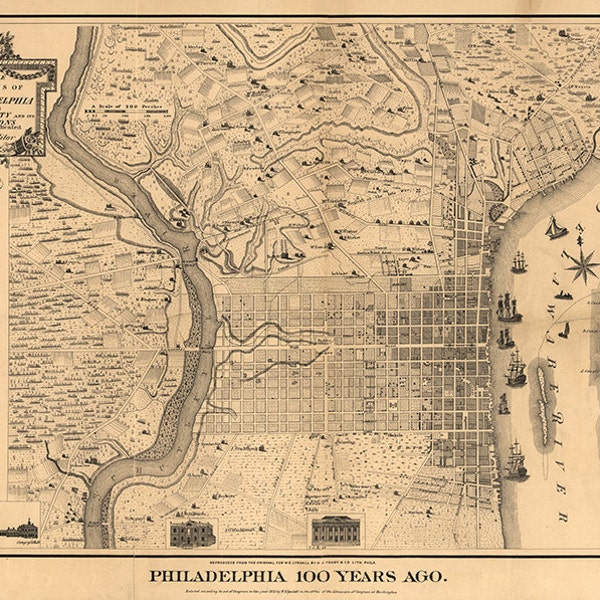 Map of Philadelphia, Pennsylvania PA Plans and Environs, 1775.  Restoration Hardware Home Deco Style Old Wall Vintage Giclee Reproduction.