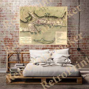 May include: A vintage map of the Town of Newport, Rhode Island, printed in brown, green, and red ink on a cream-colored background. The map shows the layout of the town, including streets, buildings, and waterways. The title of the map is "A Plan of the Town of Newport, Rhode Island".