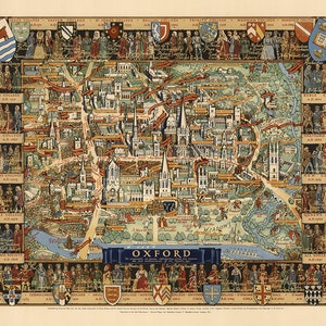 Carte d'Oxford, Royaume-Uni. 1948. Ancienne carte murale de style maison. Reproduction vintage