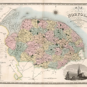 Map of Norfolk, England UK 1831.  Vintage Home Deco Style Old Wall Map Reproduction