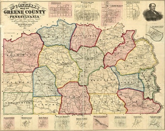 Map of Greene County, Pennsylvania, PA 1865. Restoration Hardware Home Deco Style Old Wall Vintage Giclee Reproduction.