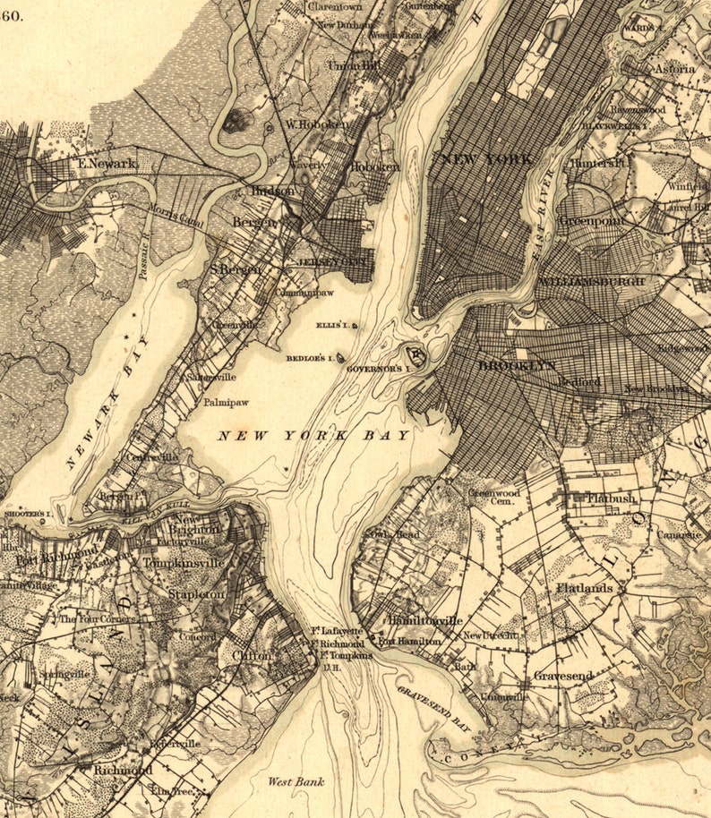 Manhattan, New York City environs and coast survey 1860. Reproduction Vintage Map. Varies sizes. Brooklyn, Queens, New Jersey Staten Island image 3