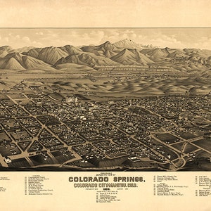 Colorado Springs, Colorado City und Manitou Sprints, Colorado. 1882. Vintage Restaurierung Hardware Home Deco Style alte Wand Reproduktion Karte