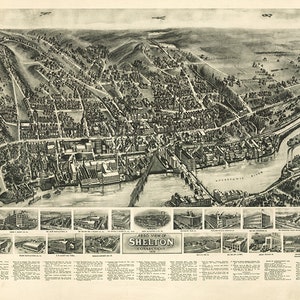Mapa de Shelton, condado de Fairfield, Connecticut, Connecticut, 1919. Reproducción de un antiguo mapa mural de una casa antigua.