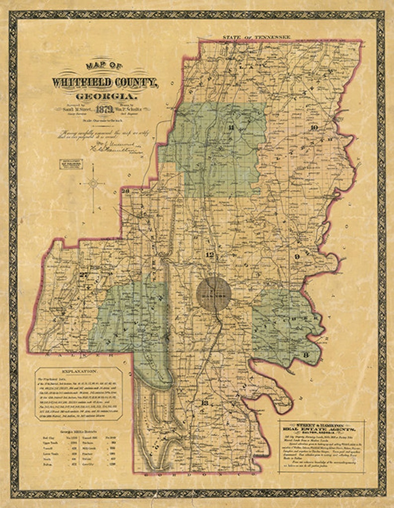 Map of Whitfield County, Georgia, 1879. Vintage restoration hardware home Deco Style old wall reproduction map print. image 1