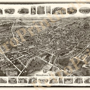 Middletown, comté d'Orange, New York NY.  Hughes et Fowler. 1921. Comprend l'illus. et tableau des distances.  vintage Reproduction carte NY0097