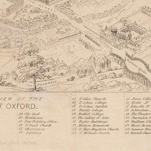 May include: A black and white illustration of a bird's eye view of Oxford, England. The illustration shows the layout of the city, including the river Cherwell, Magdalen Bridge, and various buildings, including St. Giles Church, St. John's College, and Trinity College. The text "FIEW OF THE F OXFORD" is at the bottom of the illustration.