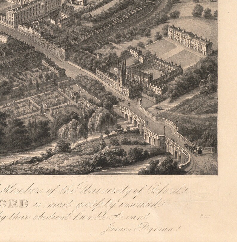 May include: A black and white engraving of a bird's eye view of the University of Oxford, England. The engraving shows the buildings and grounds of the university, including the Radcliffe Camera, the Bodleian Library, and the Sheldonian Theatre. The engraving is dated 1800.