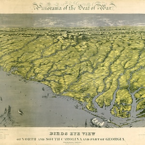 Mapa da Carolina do Norte e do Sul e parte da Geórgia, 1861. Impressão de mapa de reprodução de parede em estilo vintage para decoração de casa.