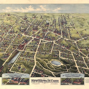 Nueva Bretaña, condado de Hartford, Connecticut, Connecticut, CT, 1875. Bailey, Vogt, Knauber. Reproducción de un mapa vintage a vista de pájaro.