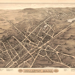 Mapa de Holliston, Middlesex Co, Massachusetts Ma., 1878. Restauración Hardware Home Deco Style Old Wall Vintage Reprint