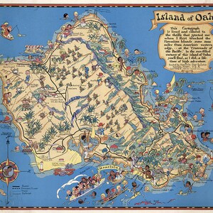 Pictorial Map of Oahu, Hawaiian islands.   Restoration Hardware Home Deco Style Old Wall Vintage Reprint.