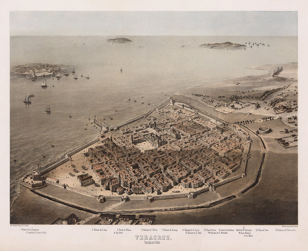 Map of Veracruz, Mexico 1862. Vintage Home Deco Style Old Wall