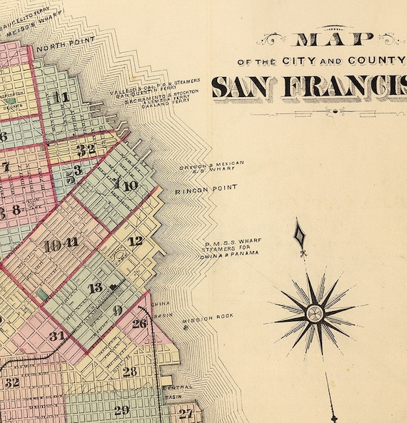 Vintage Reprint Poster HUGE SAN FRANCISCO Points of Interest MAP circa 1871